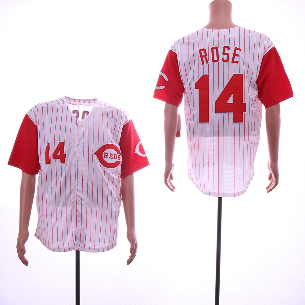 Men MLB Cincinnati Reds #14 Rose white red with strips  jerseys